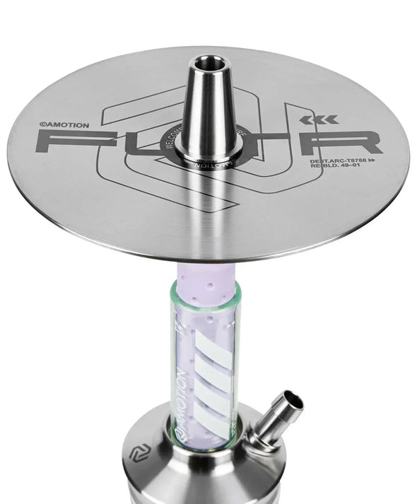 Top view of the Amotion FUTR Mauve Hookah plate with laser-engraved design and stainless steel finish.