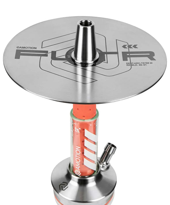 Top view of the Amotion FUTR Rouge Hookah plate with laser-engraved design and stainless steel finish.