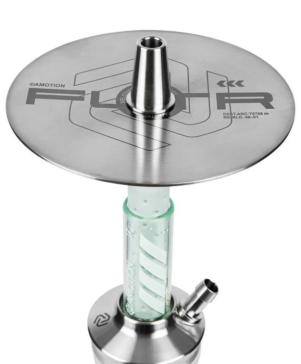 Top view of the Amotion FUTR Sky Hookah plate with laser-engraved design and stainless steel finish.